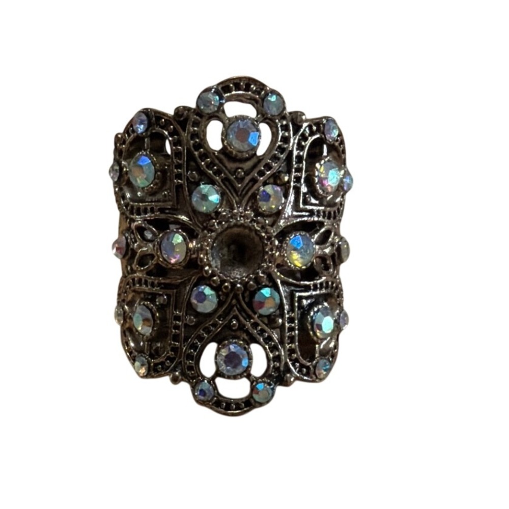 Vintage Style AB Rhinestone Filigree Stretch Cocktail Ring Bronze Tone Boho